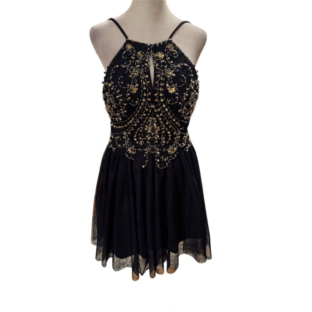 Blondie Nites Black Gold Embellished Knee Length Party Dress 7